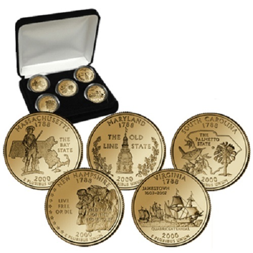 2000 24kt Gold Plated US Mint State Quarters Set in Gift Box w/COA  Gold Layered