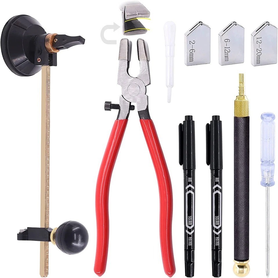 9 Pcs Glass Cutting Tool Set Kit Includes Adjustable Circular Glass Cutter, Glas
