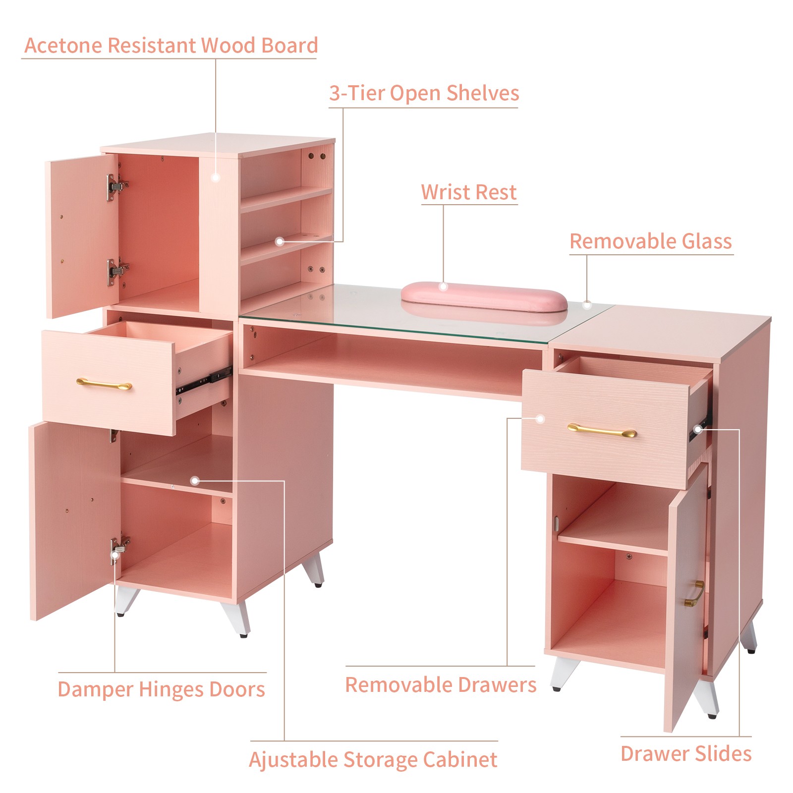 Pink Relief Nail Table w/ 3 Doors & 2 Drawers, Particle Board & Tempered Glass