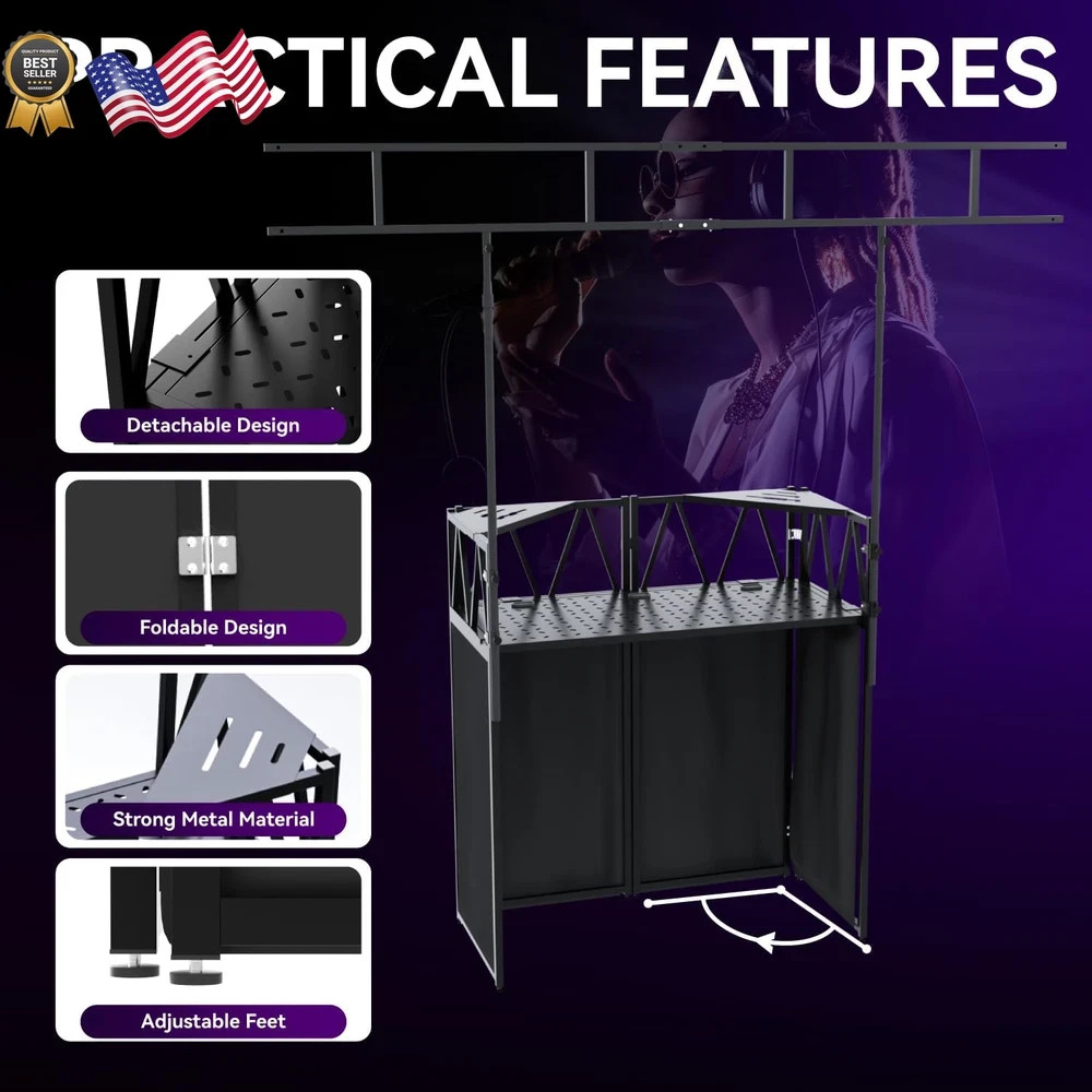 Portable DJ Booth,Foldable DJ Table Stand with Light Stand White & Black