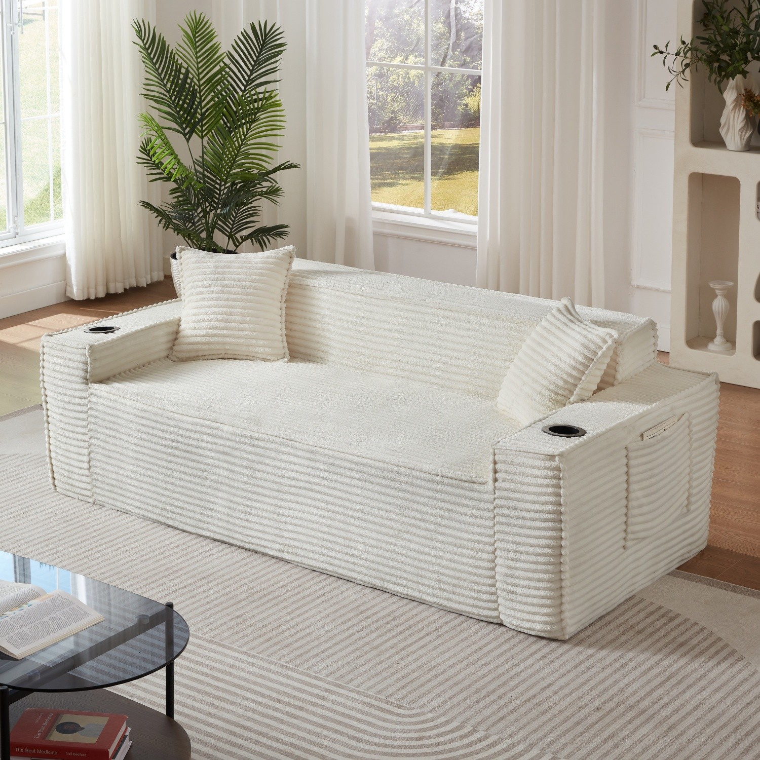 No Assembly Floor Sofa 3-Seater Corduroy Couch w/ 2 Cup Holders for Apartments