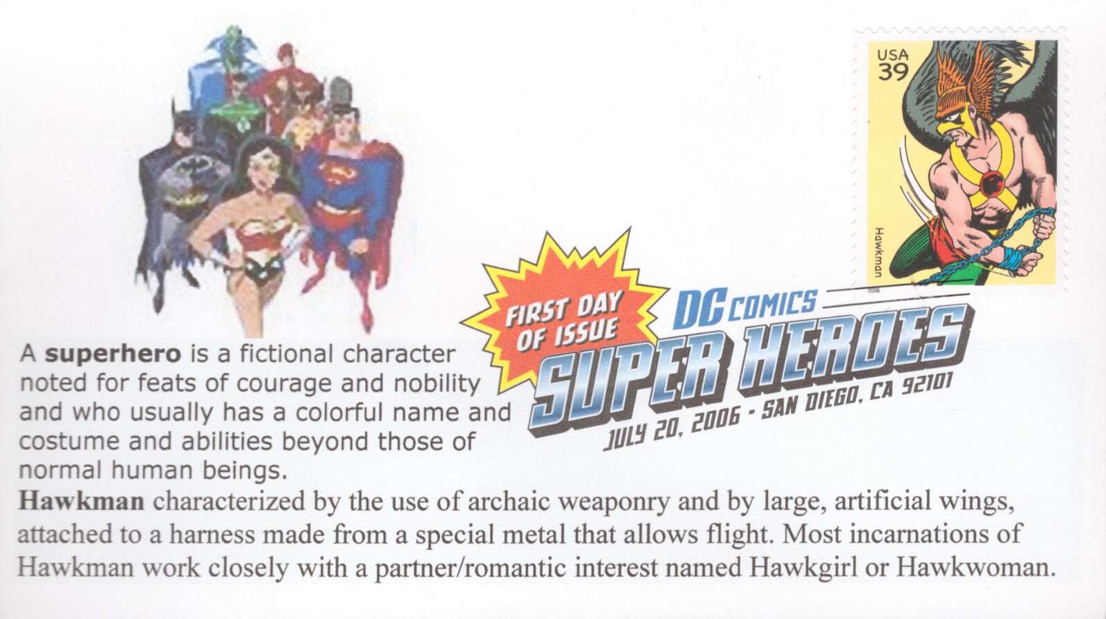 2006 First Day of Issue - DC Comic Heros - Hawkman - ??? Cachet