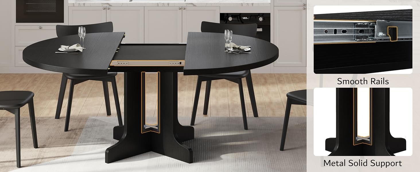 59" Extendable Round Dining Table for 4-6, Modern Kitchen Table with Heavy Duty