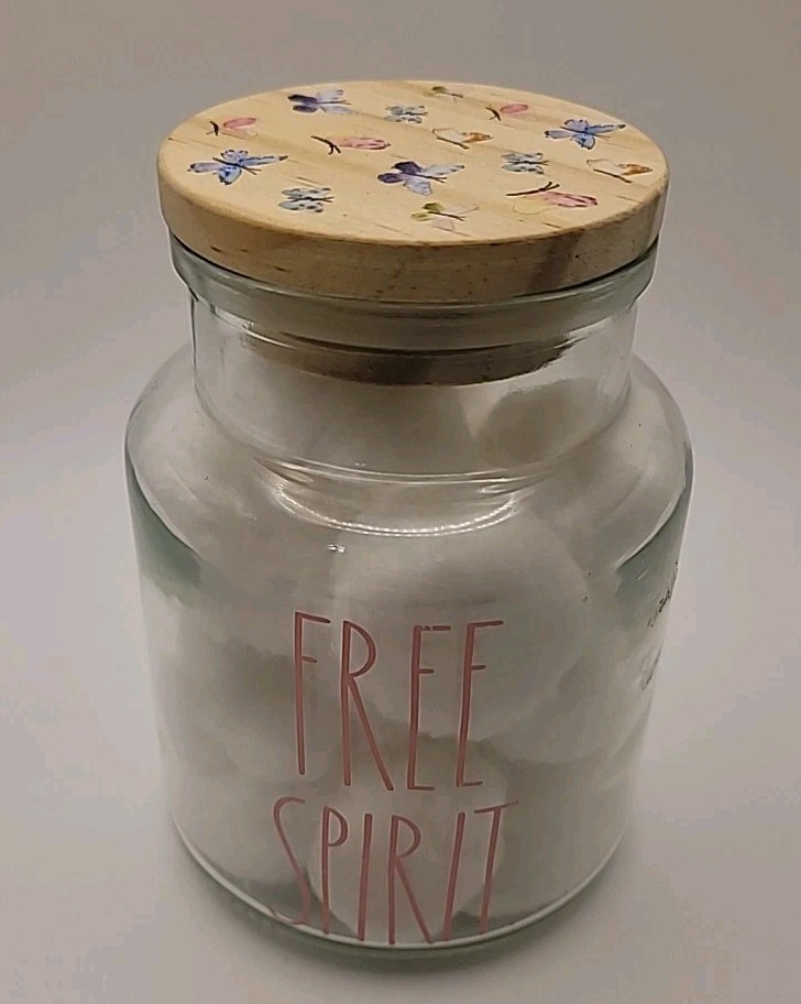 Rae Dunn Free Spirit Glass Jar Wood Lid W/Butterflies Bathroom Cotton balls NOS