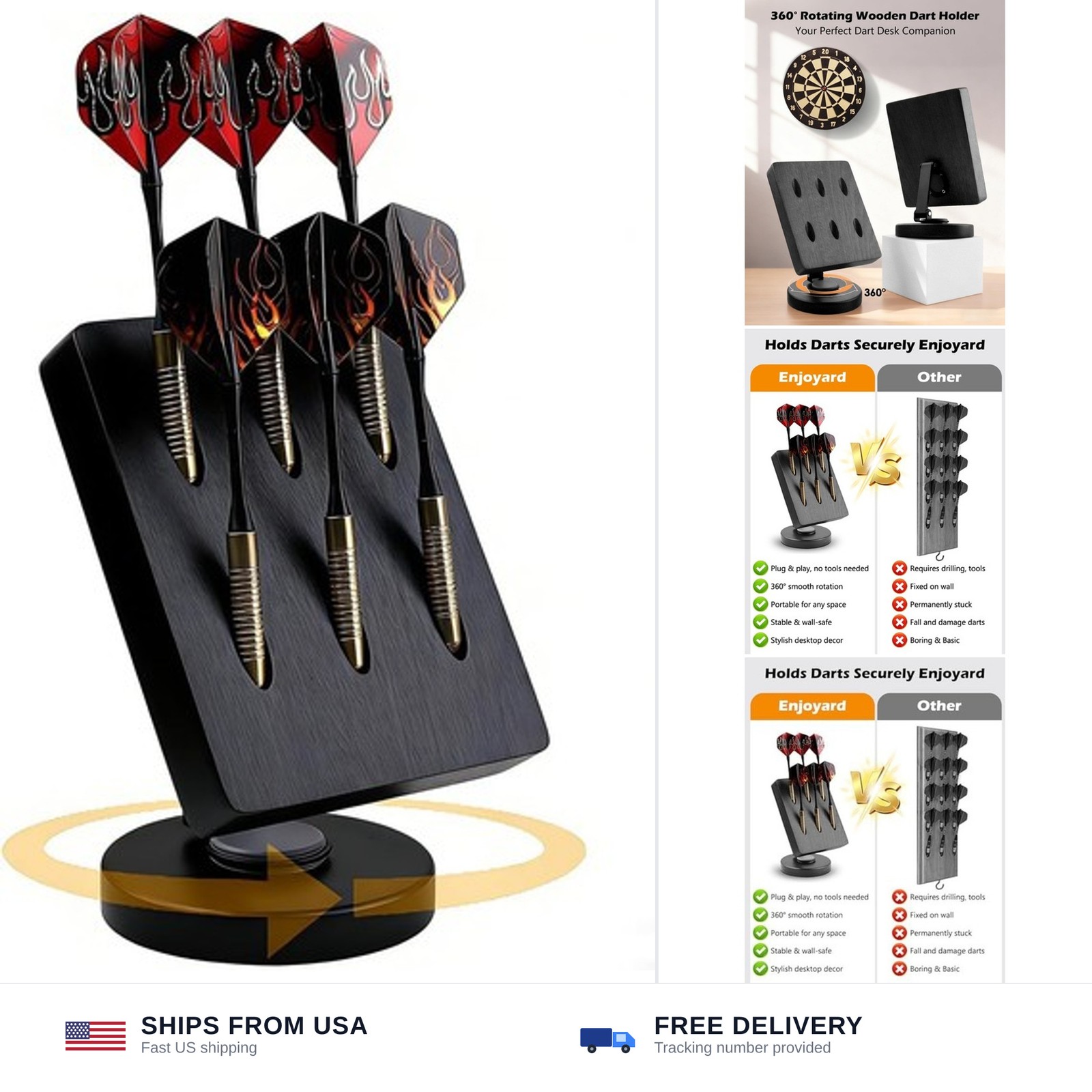 Rotating Wooden Dart Holder - Desktop Storage Stand for 6 Steel & Soft Tip Da...