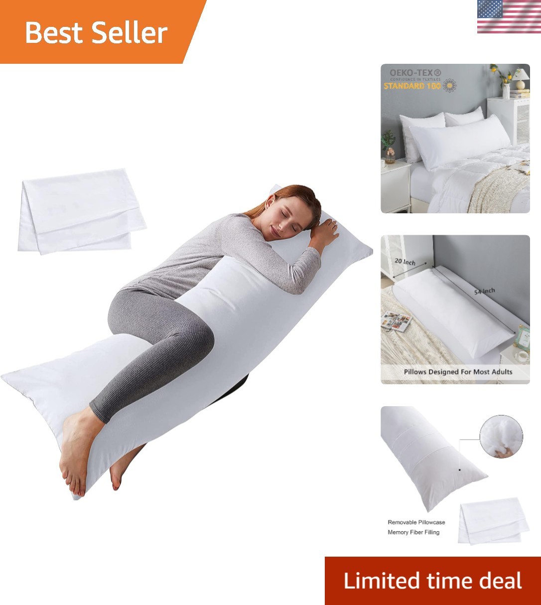 Body Pillow with Pillowcase - Soft Long Bed Pillow for Adults - Breathable Fu...