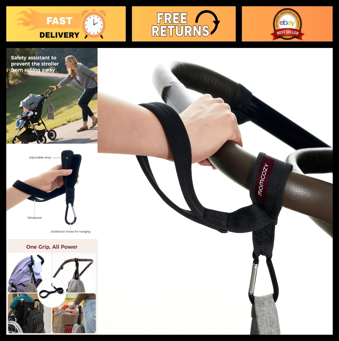 Adjustable Baby Stroller Handle Strap | Safety Wrist Leash & Hooks | Child Secur