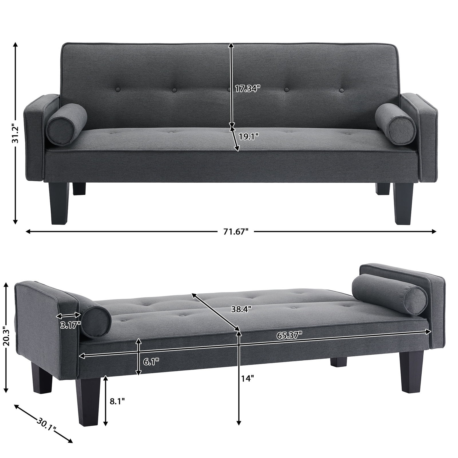 Convertible Futon Sofa Bed,Gray Upholstered Futon Couch Fabric Sleeper Sofa