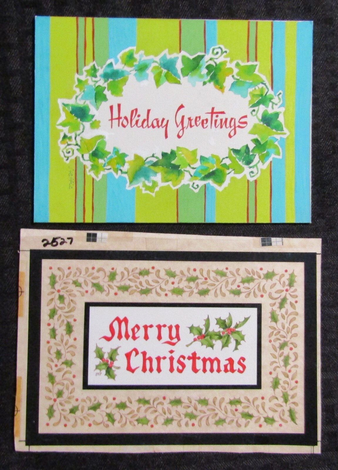 HOLIDAY GREETINGS Lettering with Holly 7.25x5.25" Greeting Card Art LOT of 2