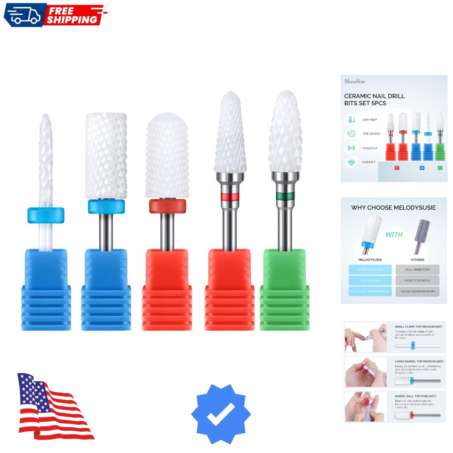 Ceramic Nail Drill Bits Set, 3/32'' 2.35mm Professional Acrylic Nail File Dri...