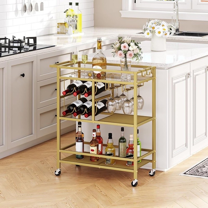 Multi-Level Kitchen Cart W/ Wine Rack Glass Holders Rolling Storage Trolley New