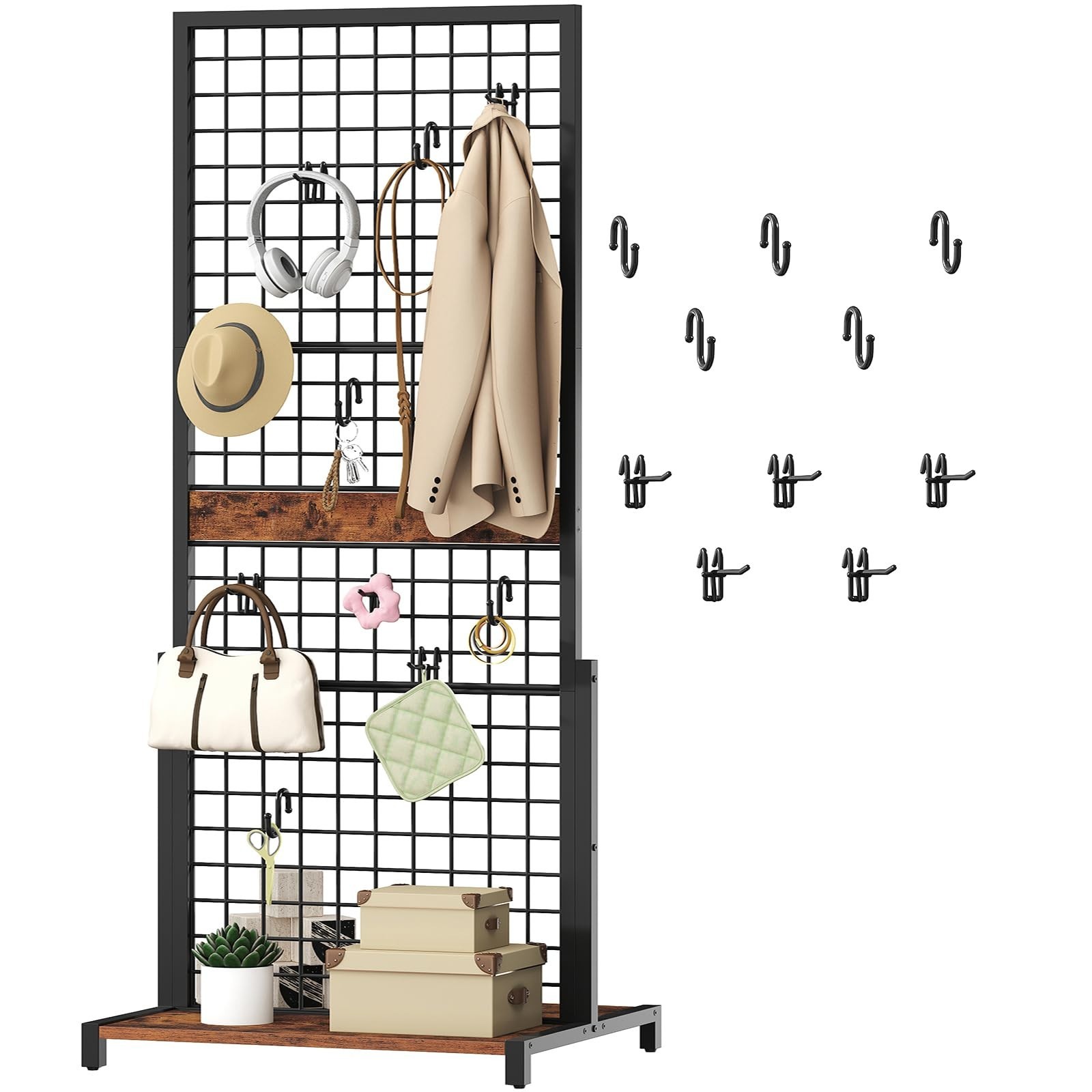 Movable Grid Display Rack 5.6' x 2.1' Ft, Wire Panel Stand with Hooks for Storag
