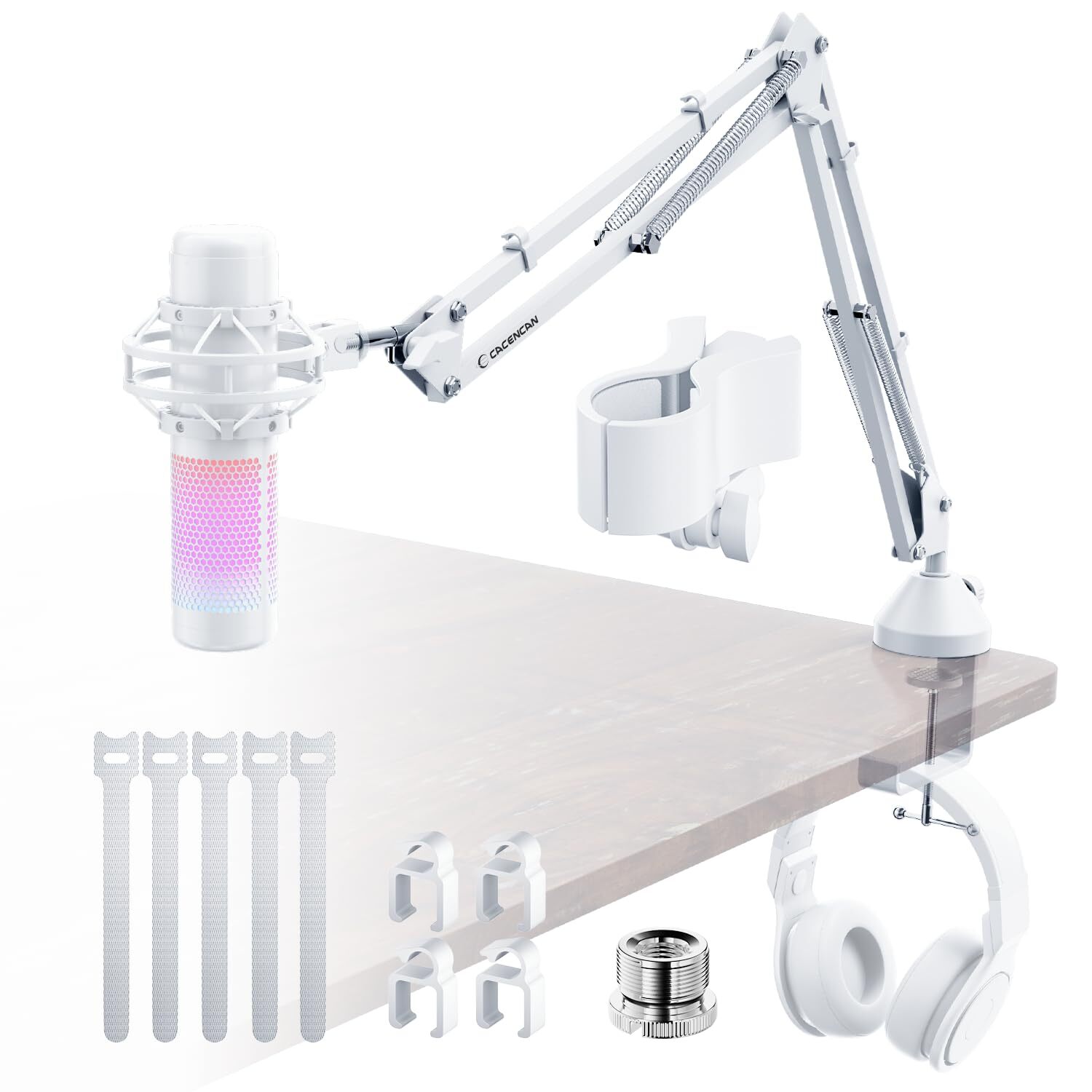 White Boom Arm Mic Stand Foldable Desk Mount for Podcast Recording Adjustable
