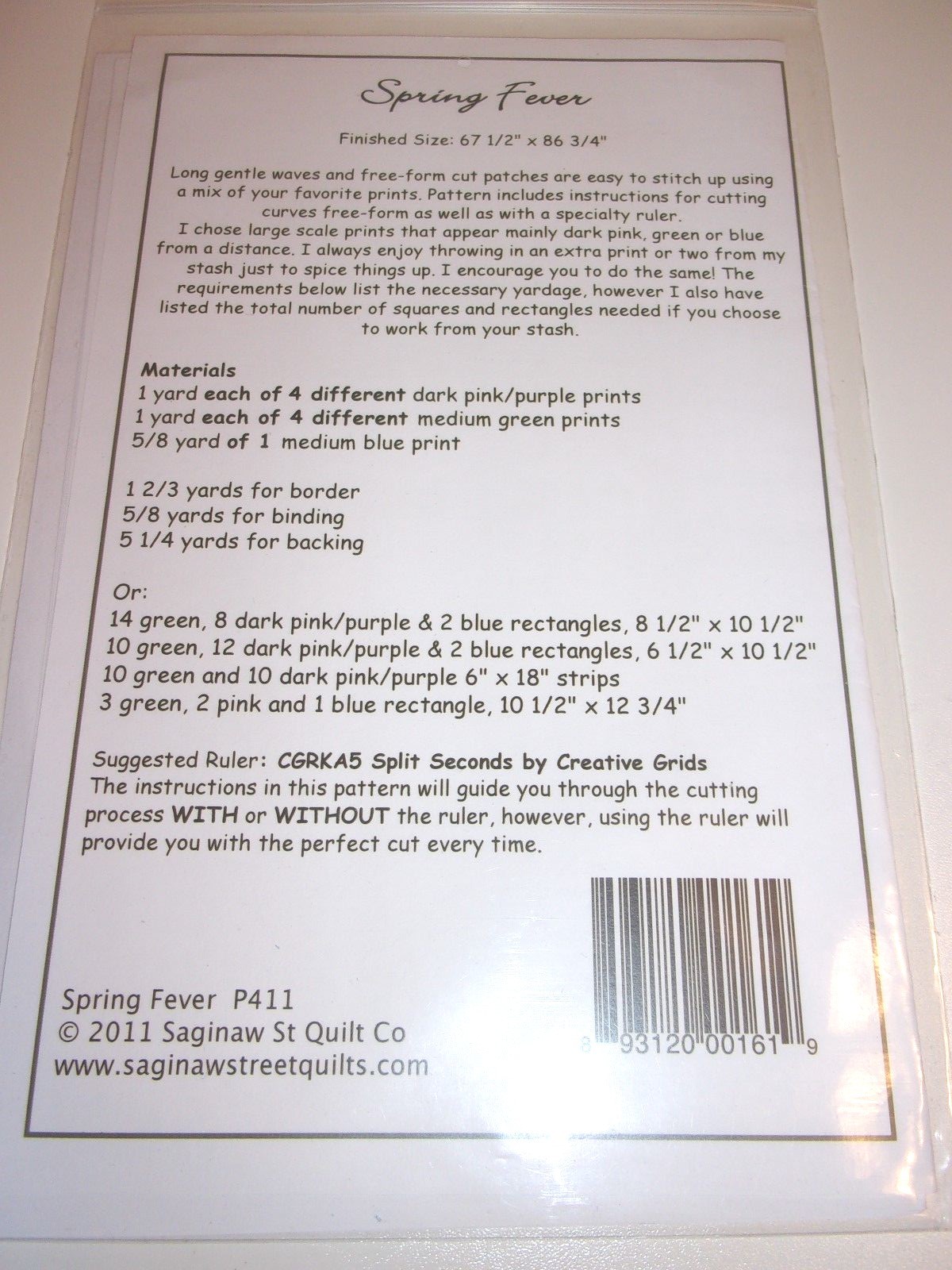 SAGINAW ST QUILT CO. "SPRING FEVER" QUILT PATTERN
