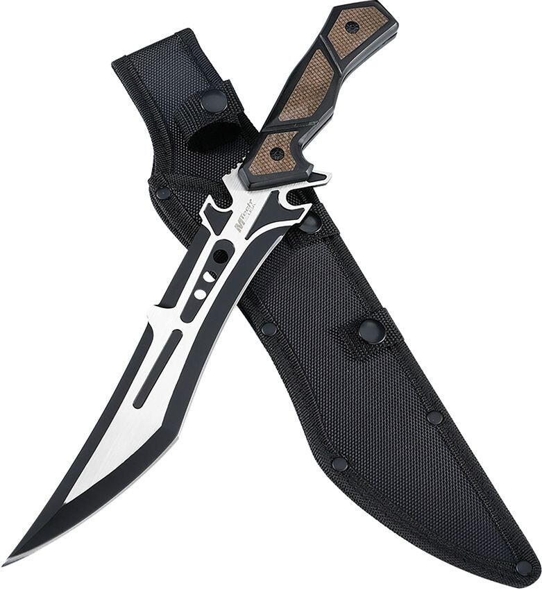 MTech Fixed Knife 9.25" 3Cr13MoV Steel Blade Black/Brown Checkered Wood Handle