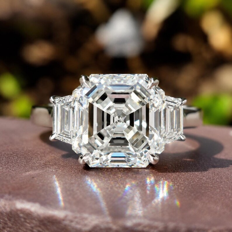 RARE 8 Ct Asscher Cut White Diamond Solitaire Ring, 925 Silver, Great Luster