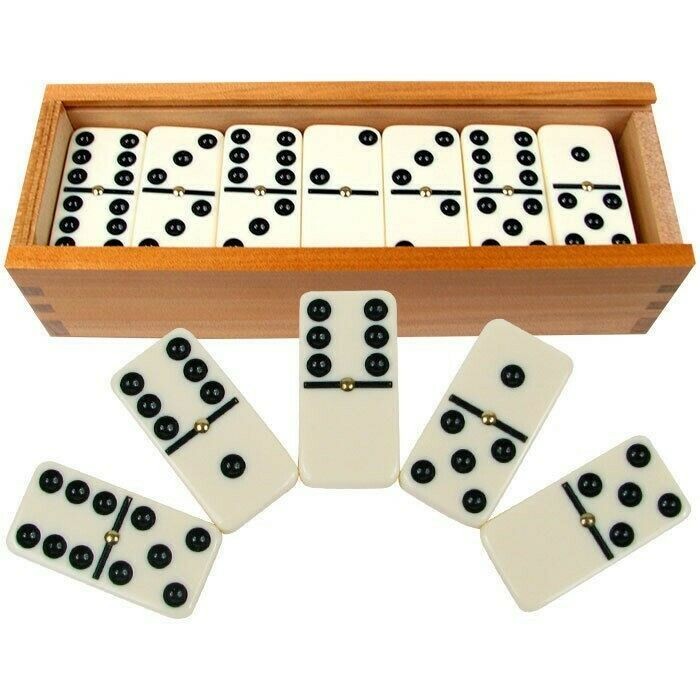 Domino Set of 28 Double Six Dominoes Wood Box Center Pins Easy Flip