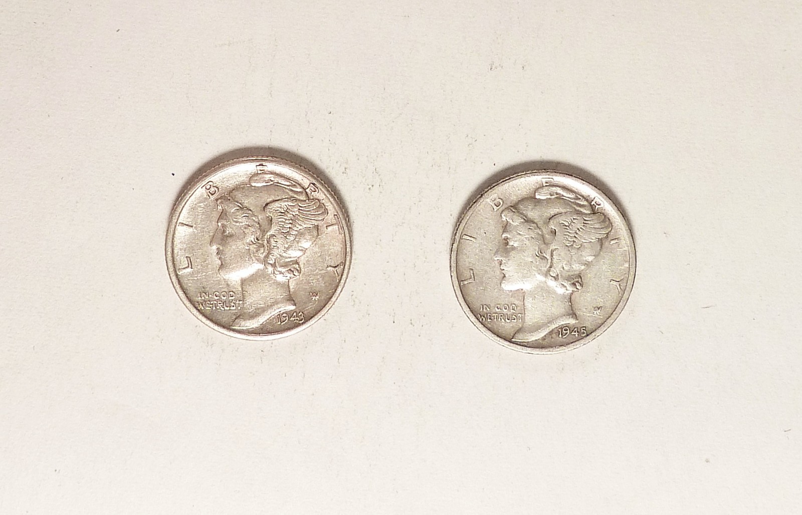 1943-D & 1945-S (Micro S) Mercury Silver Dimes, AU & FN+, For Date Collector.