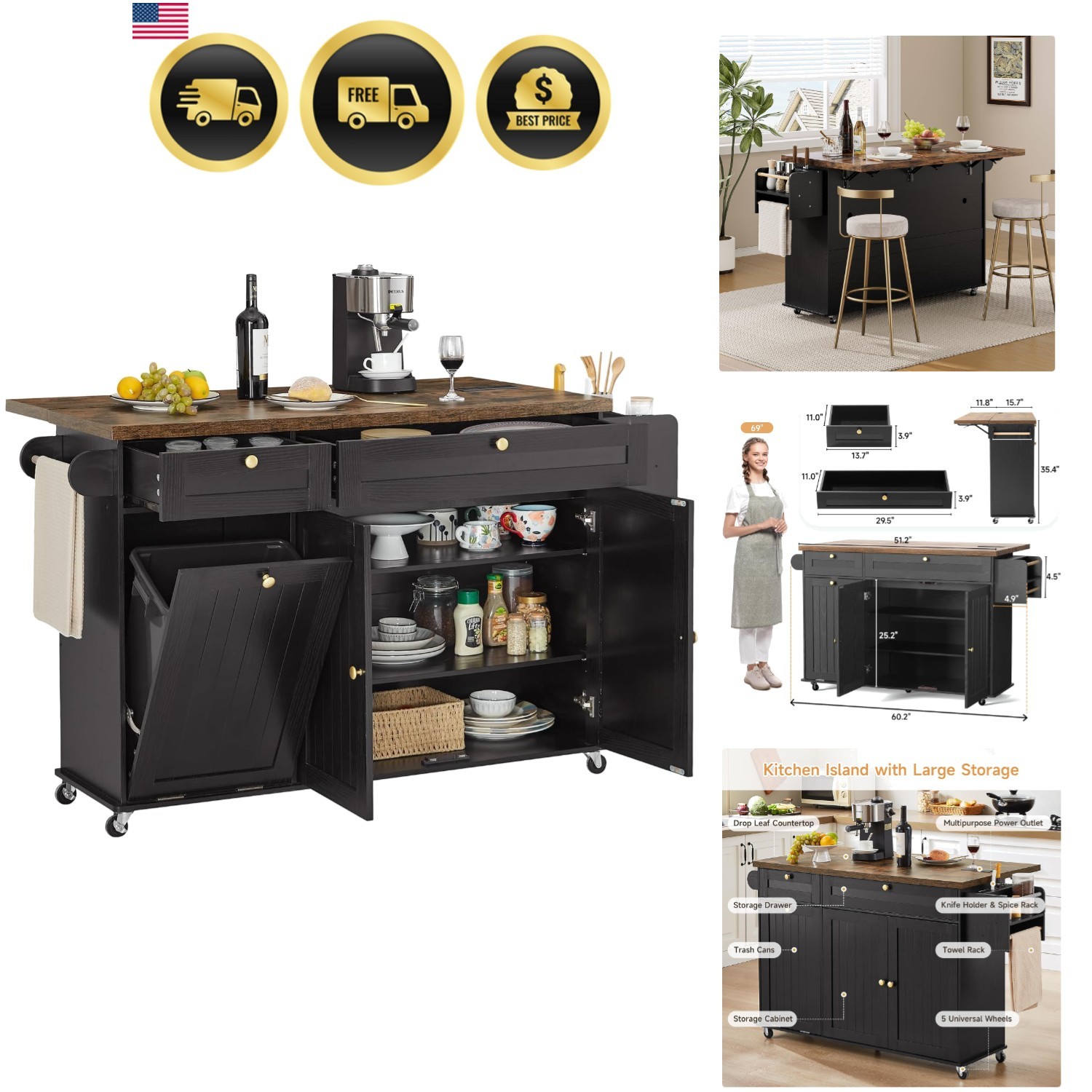 Kitchen Island with Power Outlet Drop Leaf Spice Rack Towel Holder Cart