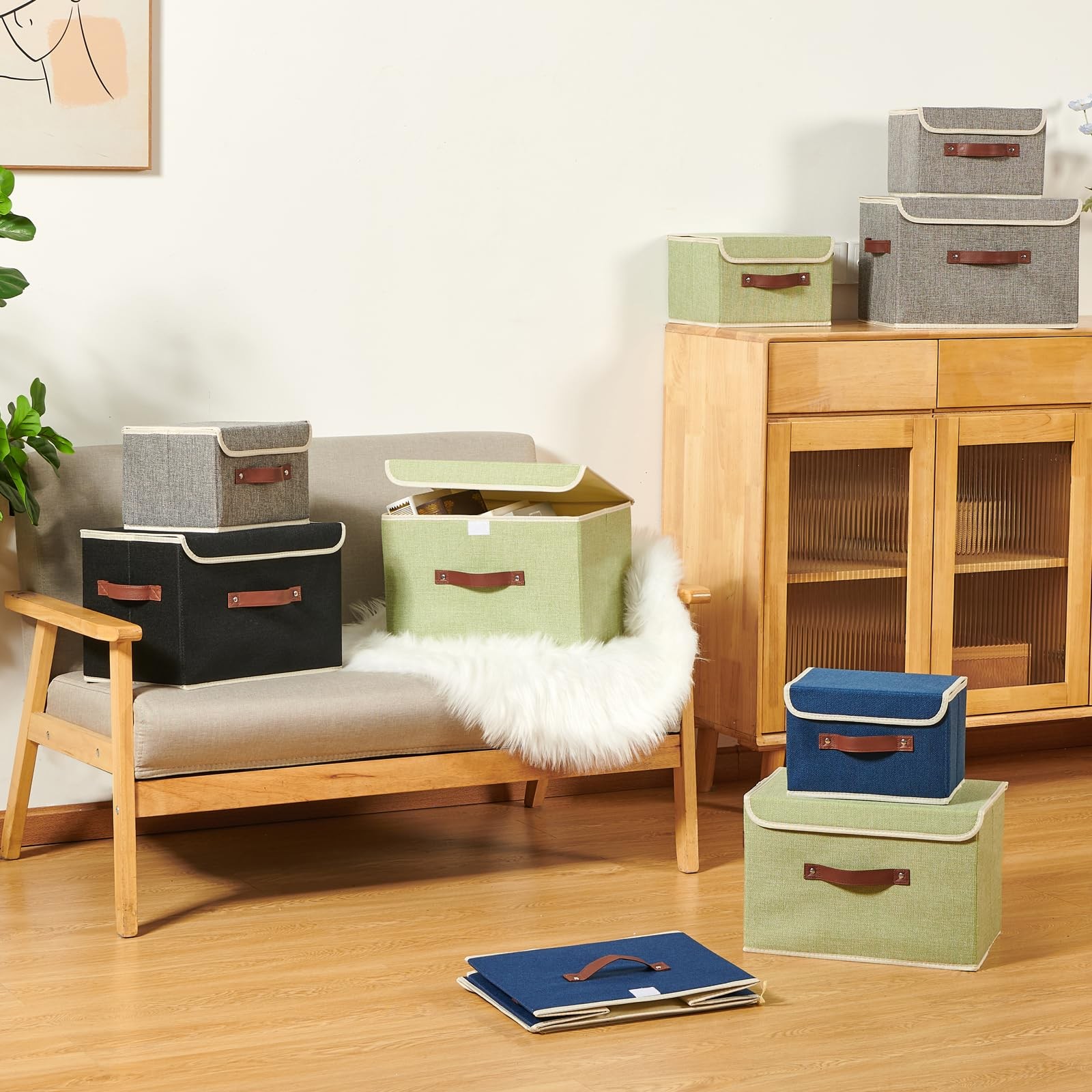 Storage Boxes with Lid Cotton Linen Fabric Storage Bins Organizer Container D...