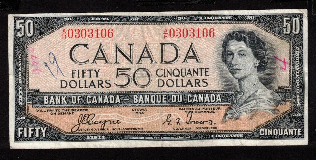 1954 Canada $50 devils face banknote Coyne Towers  A/H 0303106  F/VF