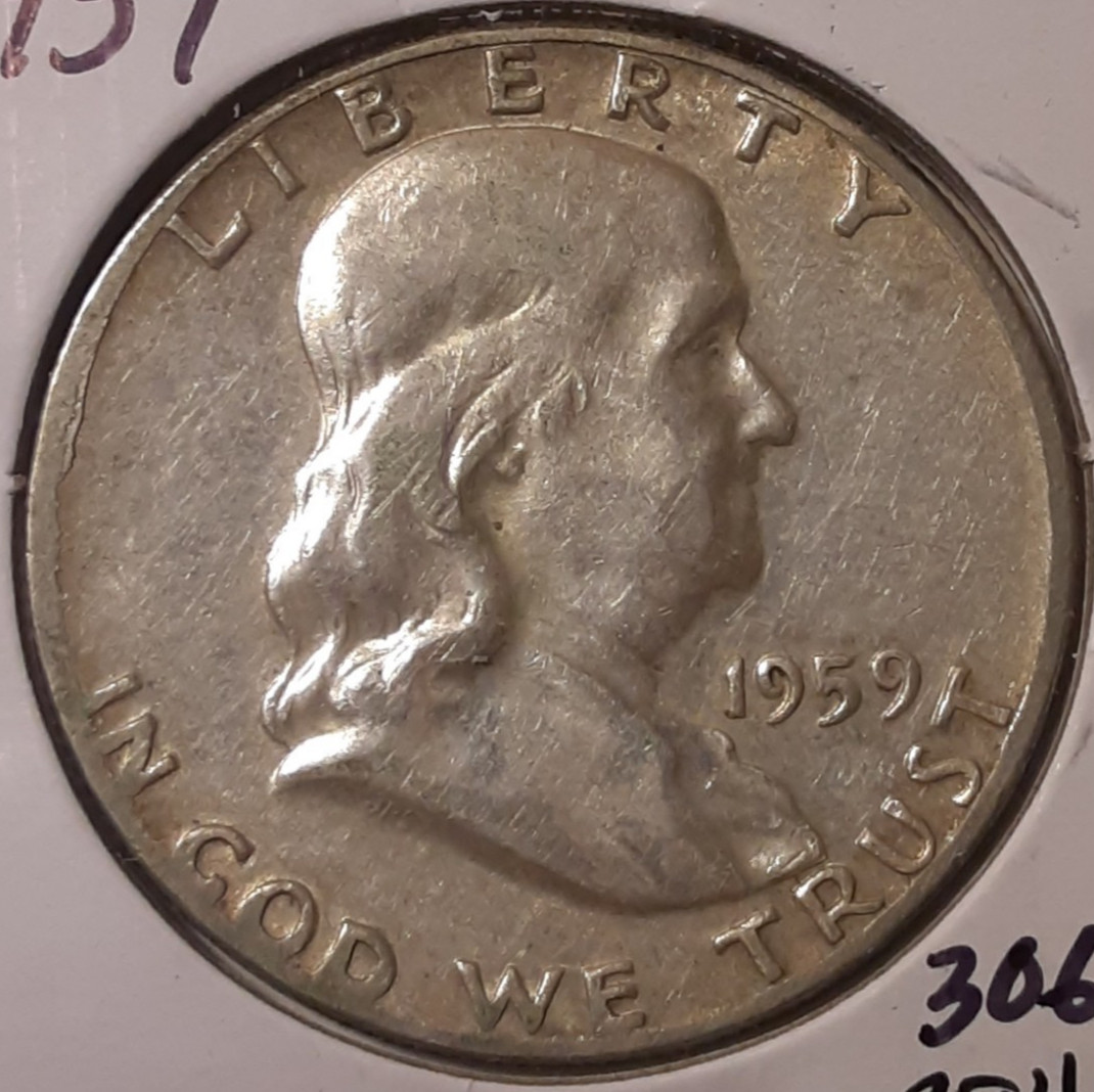 1959 Philadelphia Mint Franklin Silver Half Dollar 90% silver 50c #306-3946/2270