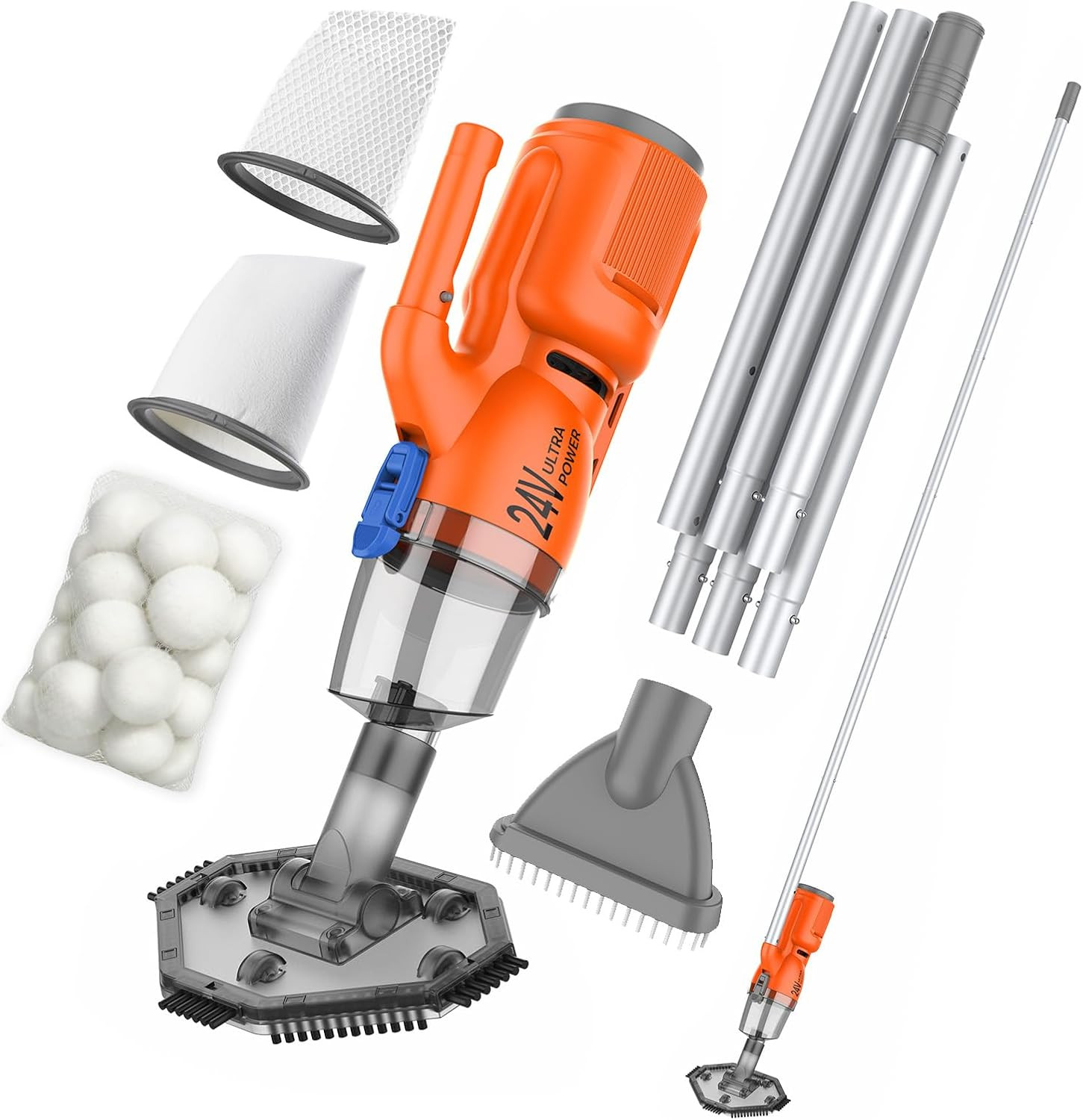 24V Cordless Handheld Pool Vacuum - 43,000Pa Hyper Suction, 3-Stage 3D Fiber Bal