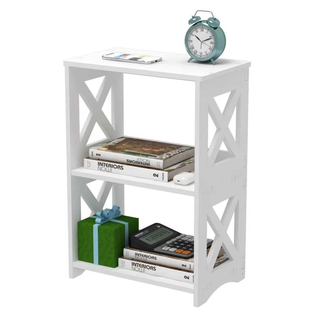 3-Tier Narrow Side Table, Storage, Slim Nightstand, Small Spaces, White Modern