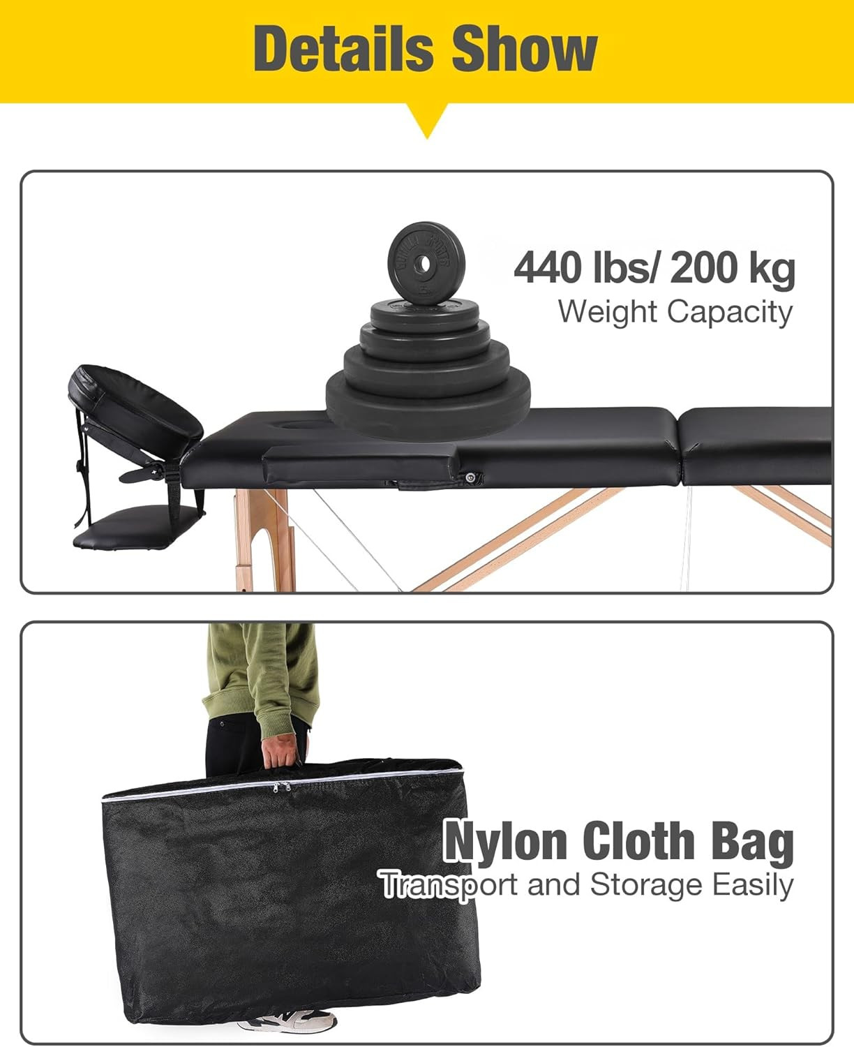 Professional Massage Table Portable Massage Bed, Black(2-Section) | Adjustable H