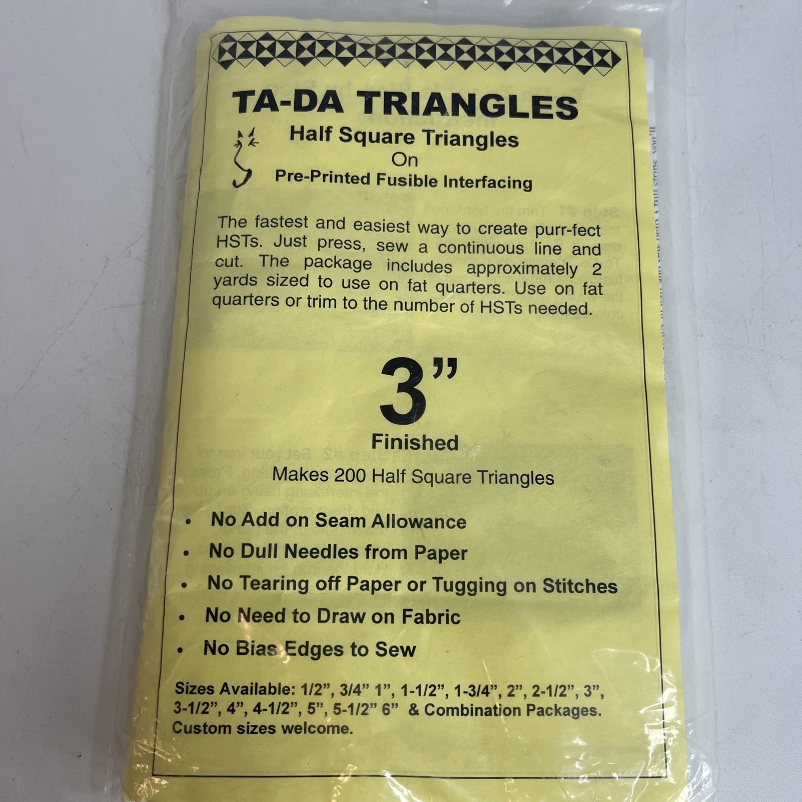 Ta-Da 3” Half Square Triangles On Pre-printed Fusible Interfacing Makes 200