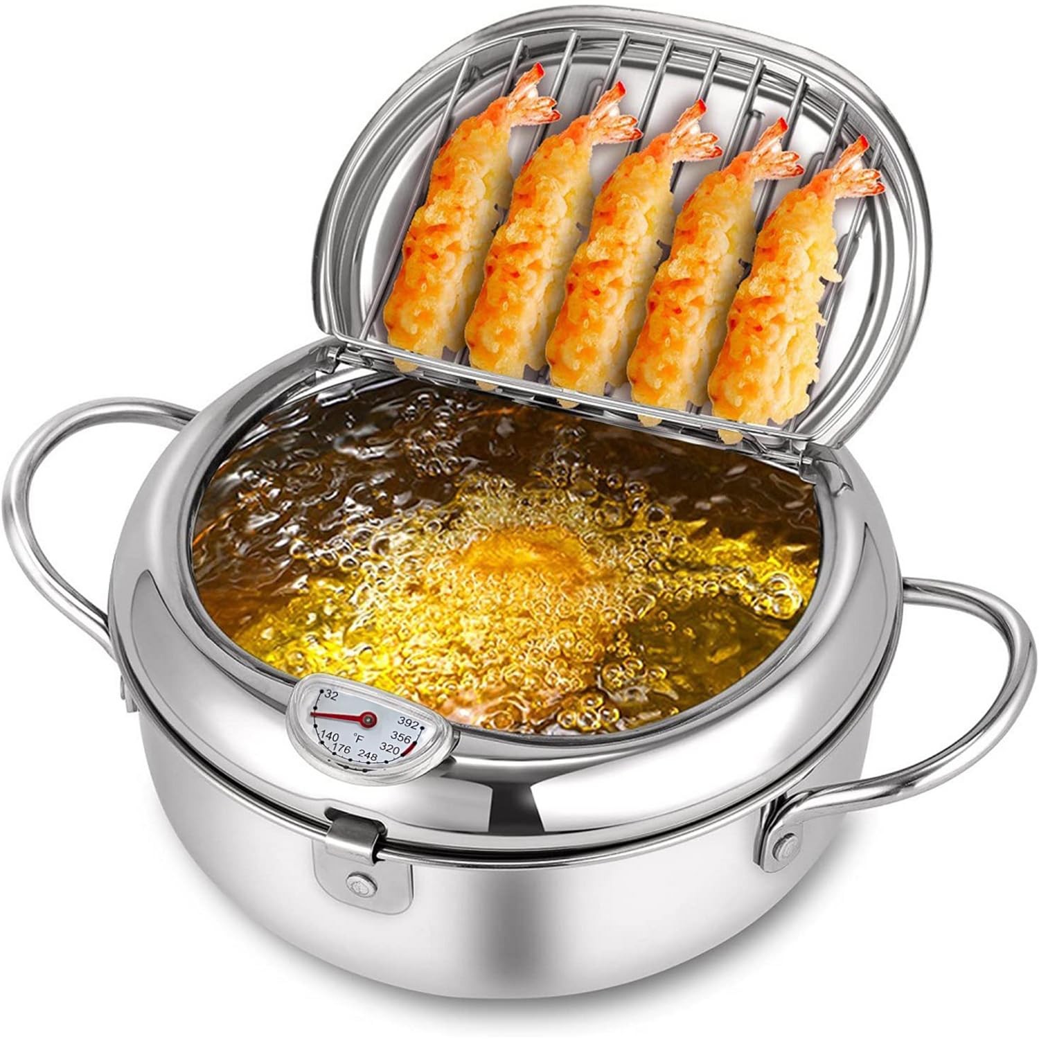 Large Tempura Frying Pot with Lid. Deep Fry Pot with (°F) Thermometer and Oil...