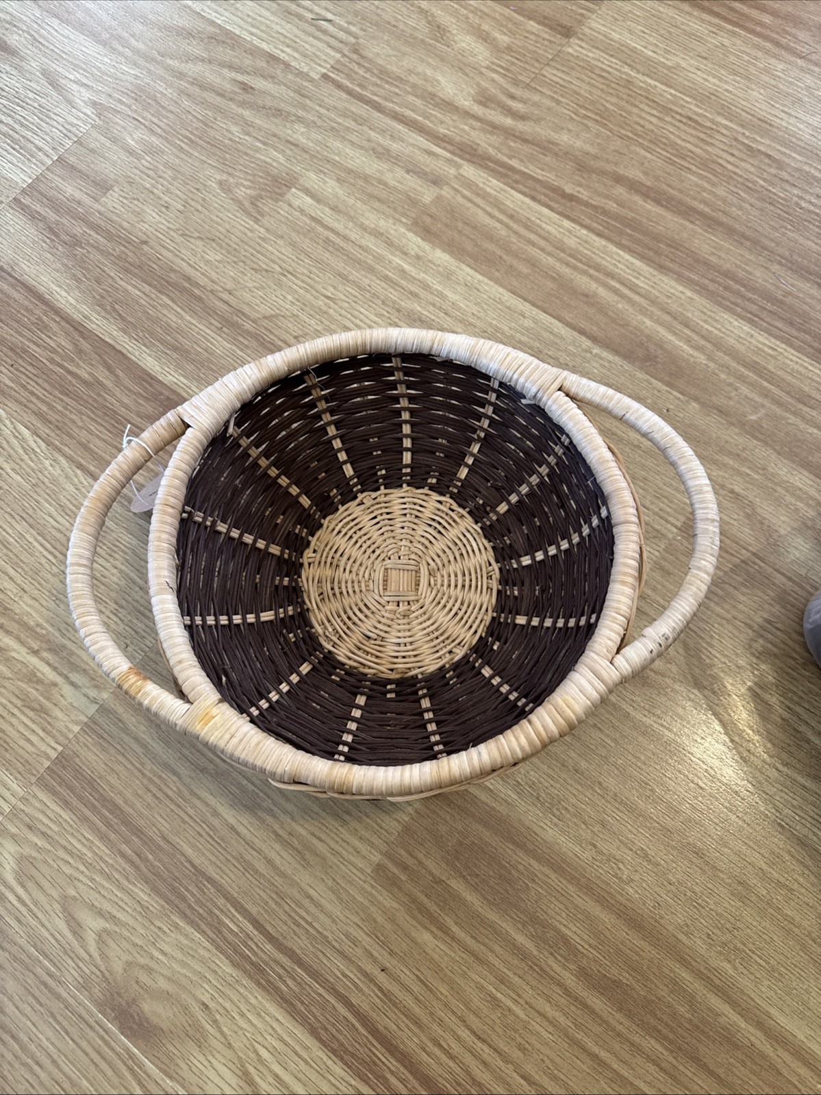 Vintage Two Toned Round Woven Basket With Handles