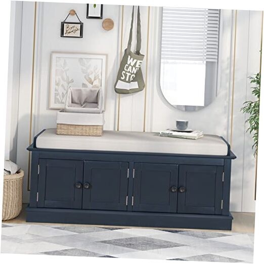 Farmhouse Solid Wood Storage Bench with 4 Seat Cushion Type 2 Antique Navy