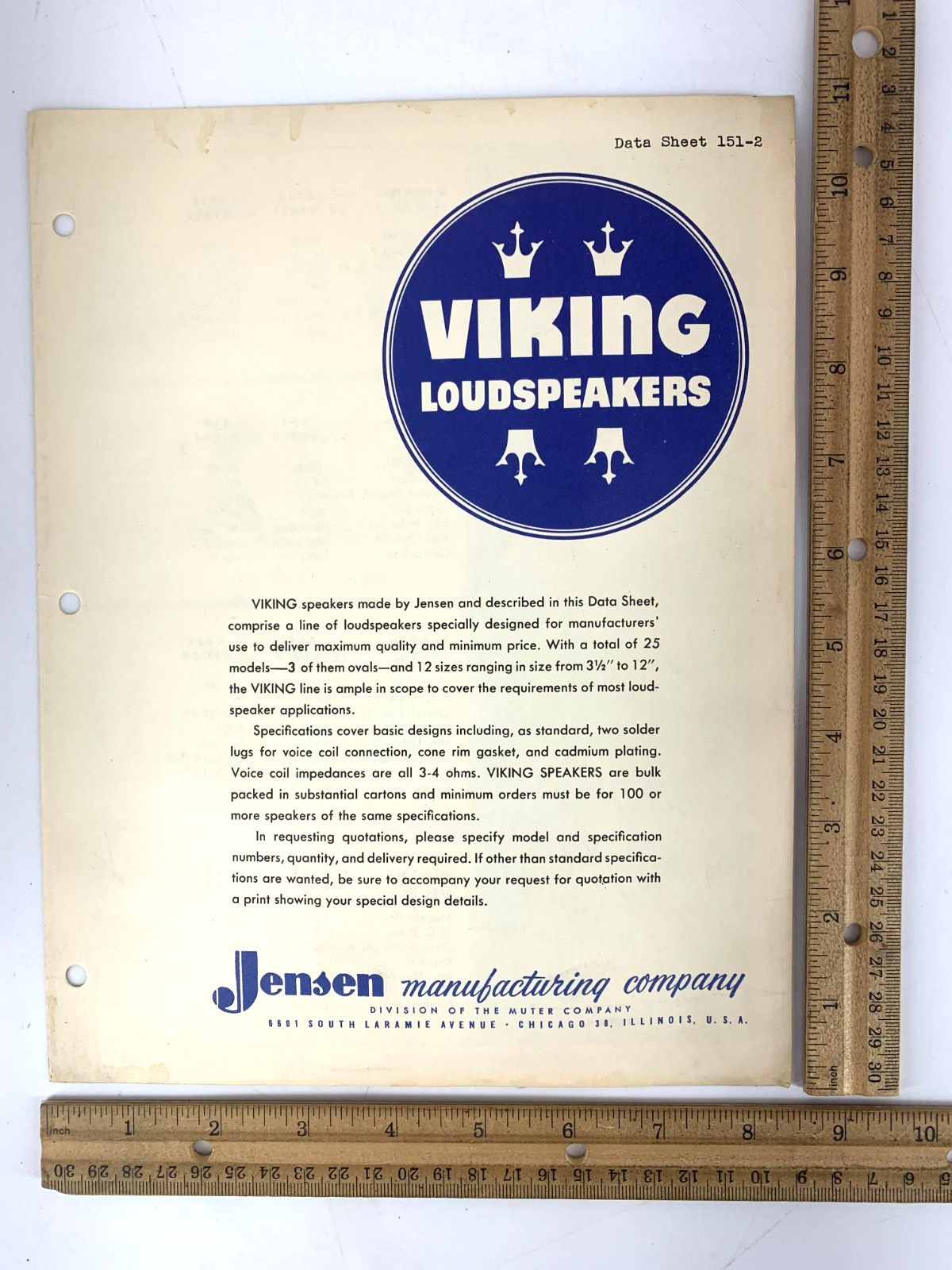 JensenEarly 1960s Viking Loudspeakers Data Sheet 151-2