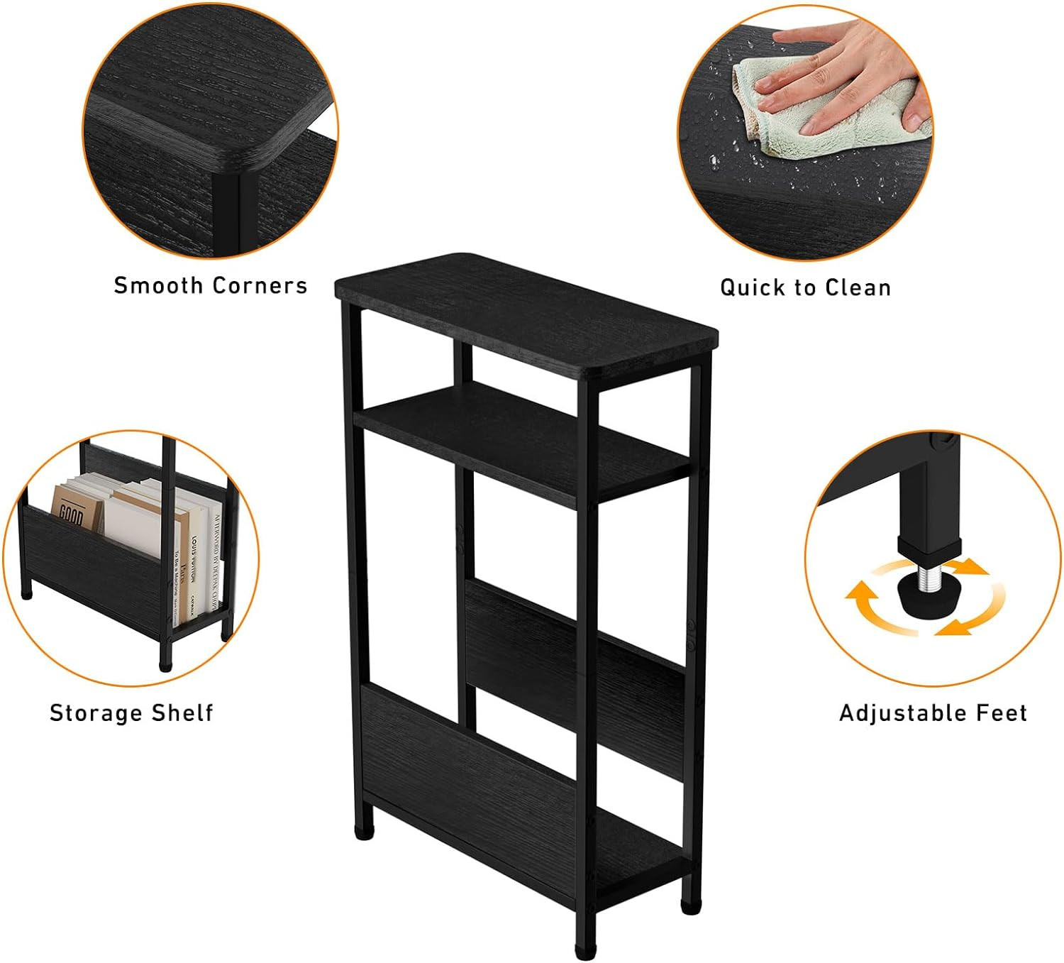 7.1" Narrow Side Table for Small Spaces, 3 Tier End with Black