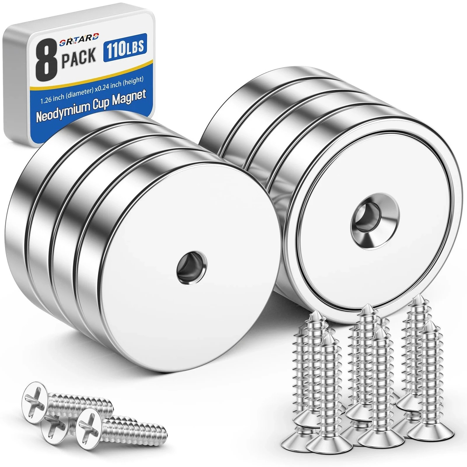 Grtard 8 Pack Neodymium Cup Magnets, 110LBS Holding Force 110lbs, 8pack