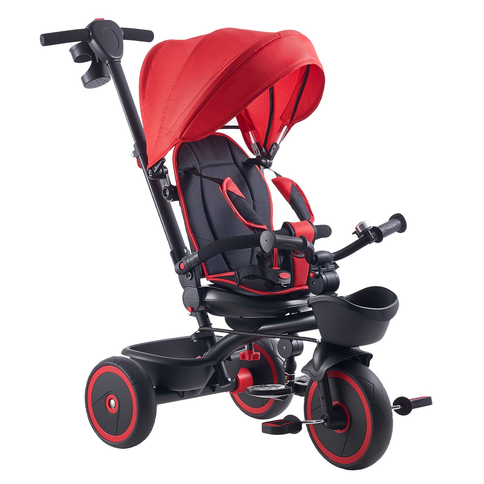 Uimoso 6-in-1 Toddler Tricycle with Push Handle for Kids Aged 1-5, Red/Black