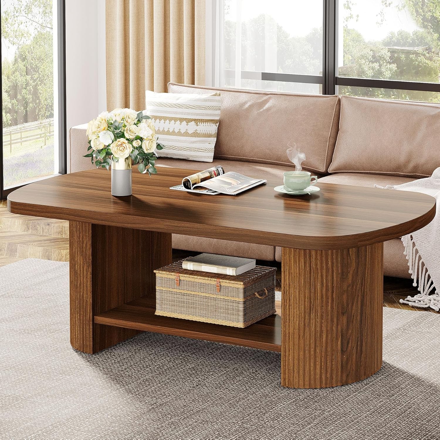 115CM Wood Oval Coffee Table, Mid-Century 2-Tier Coffee Table with Storage Shelf