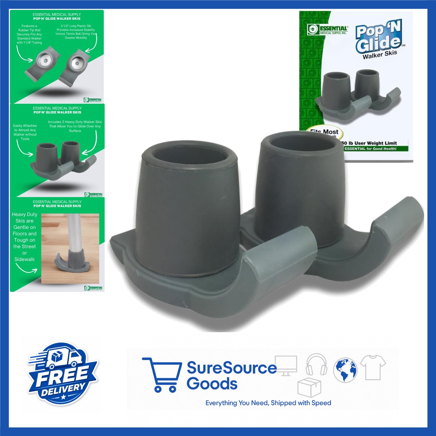 Pop & Glide Walker Ski Glides 2 Pack Gray Universal Fit Accessories
