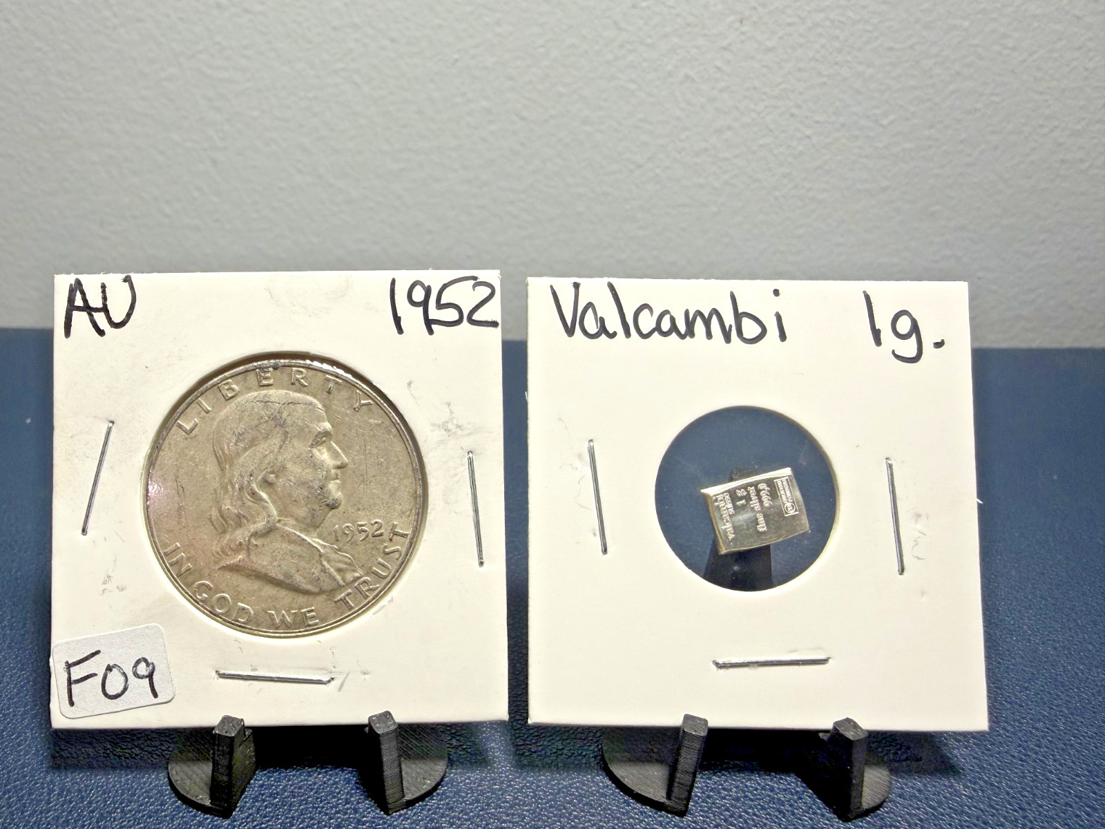 1952 Franklin Half Dollar Coin AU 90% Silver + 1G Valcambi Silver (F-09)
