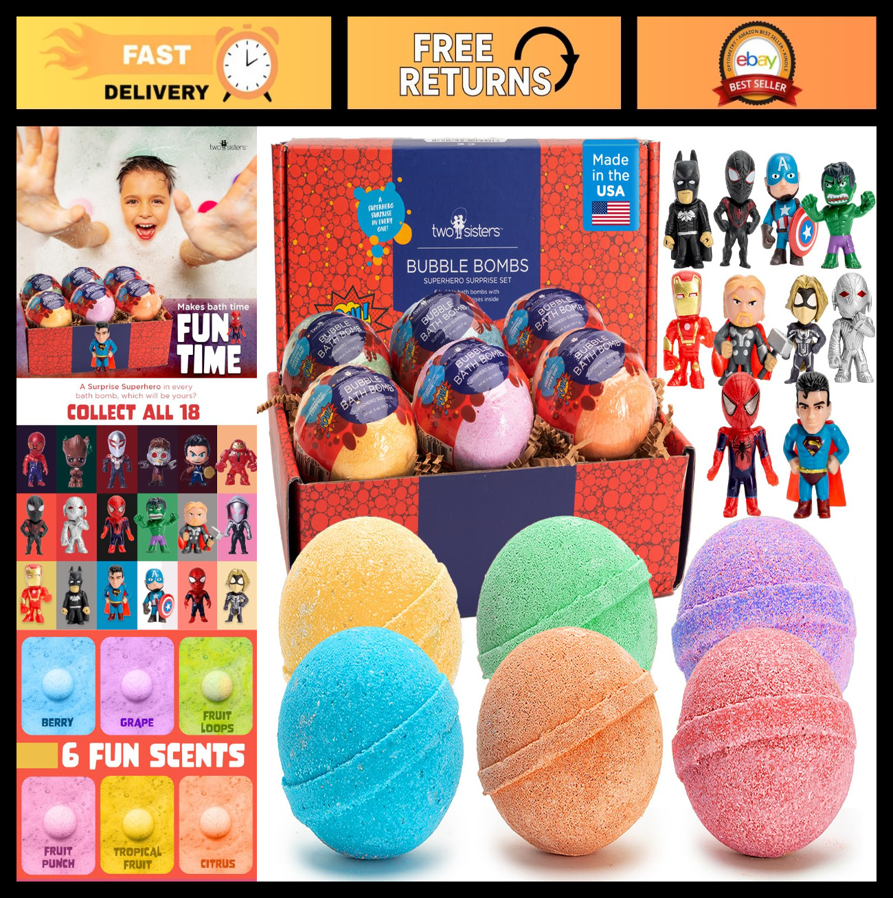 Superhero Bath Bombs for Kids - 6 Pack Surprise Toys, Large Bubble Fizzies, Frui