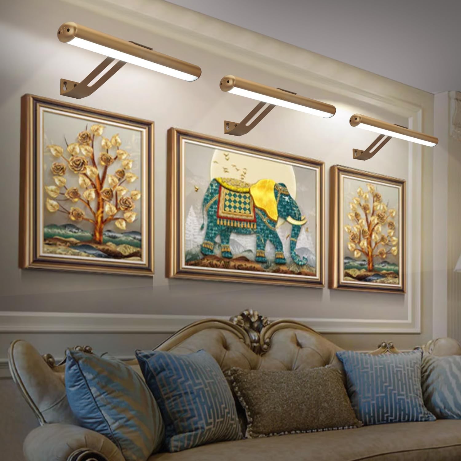 Picture Light, Rechargeable Light for Paintings with Remotes, Gold