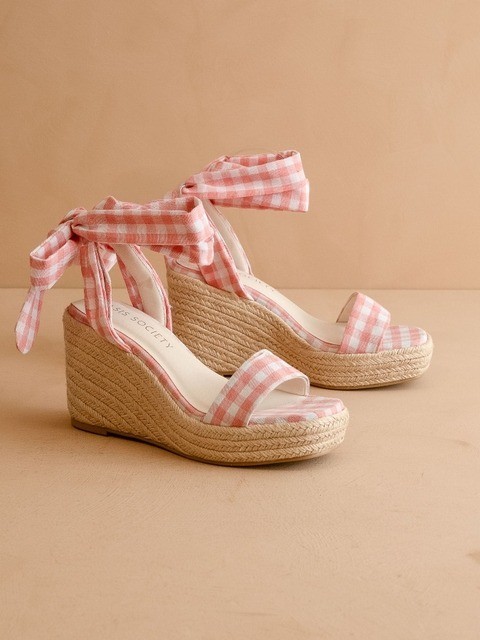 Gingham Espadrille Wrap Wedge Sandals - Oasis Society