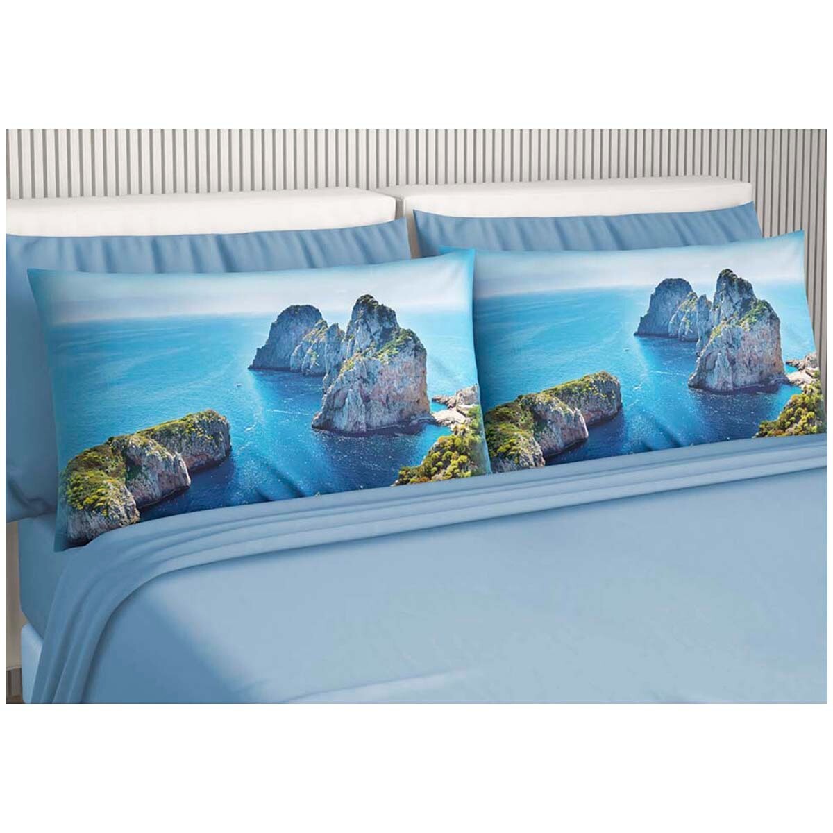 Set Completo Lenzuola Matrimoniale Stampa Digitale con 4 Federe Cotone Capri