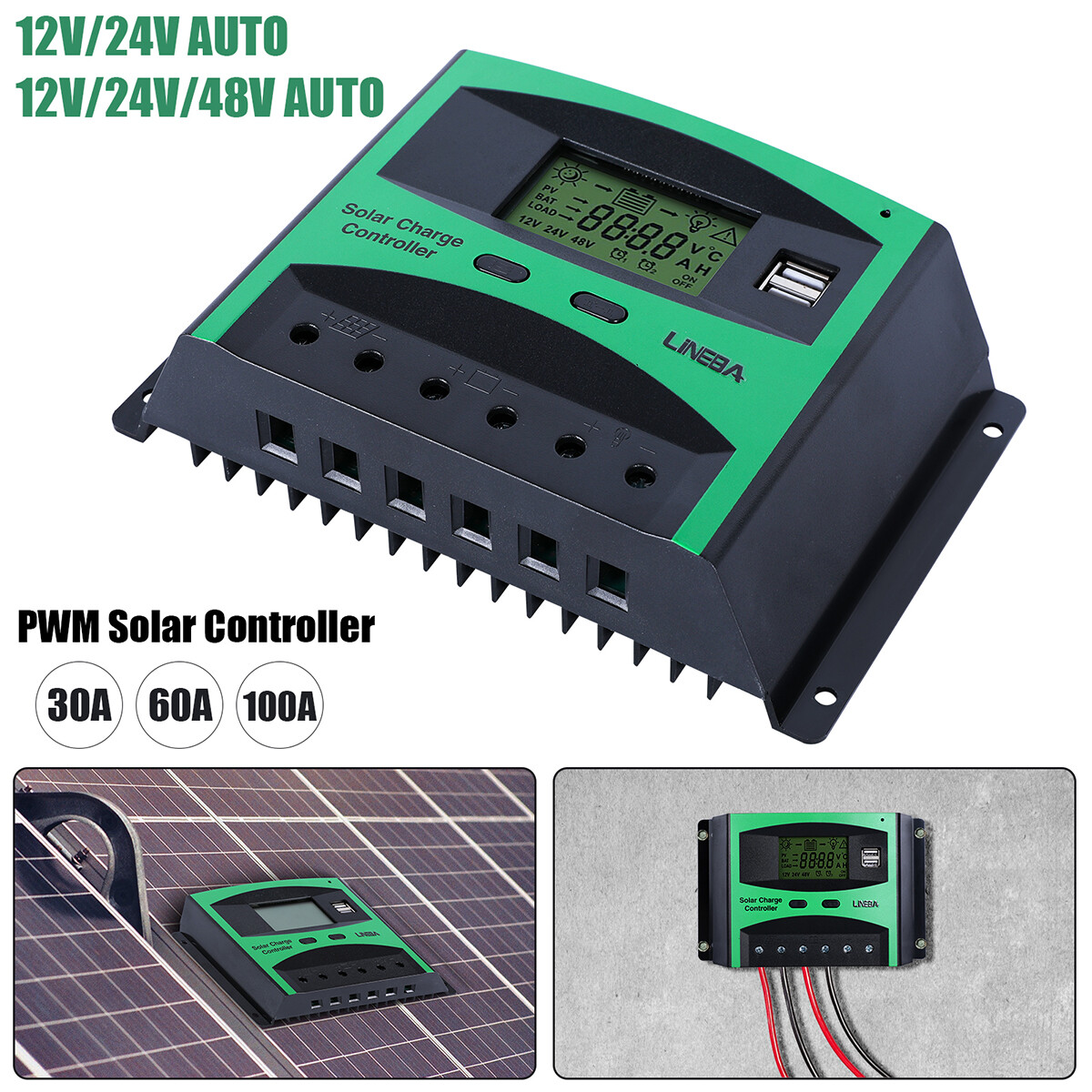12V/24V/48V 30/60A/100A PWM Solar Charge Controller Car Panel Battery Regulator