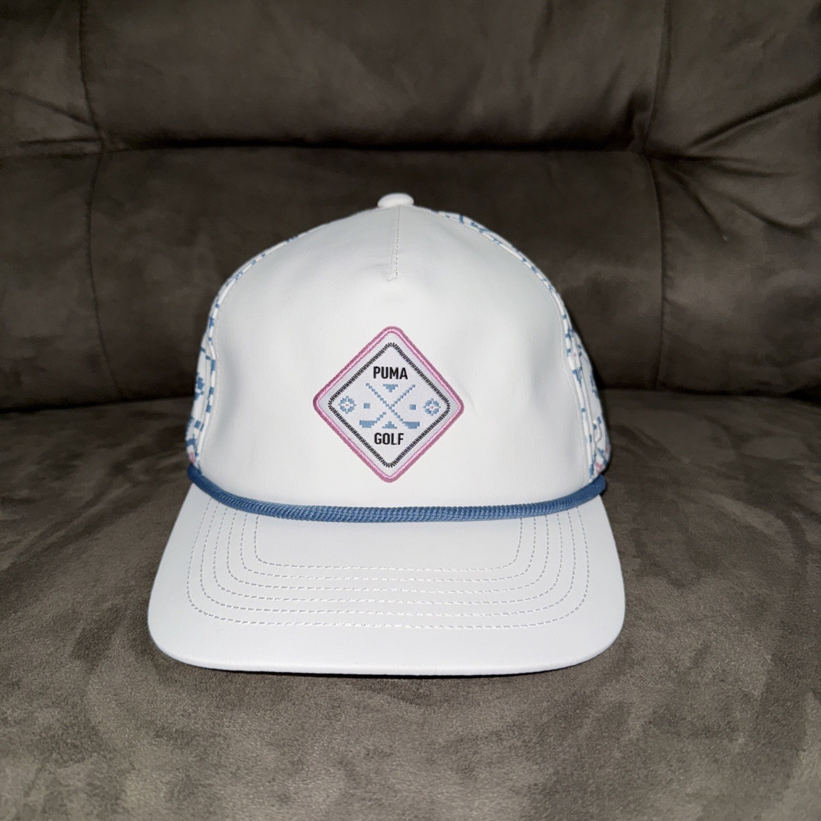 NWT PUMA Men's 5-Panel Tech Snapback Golf Hat Cap White/Glow Blue