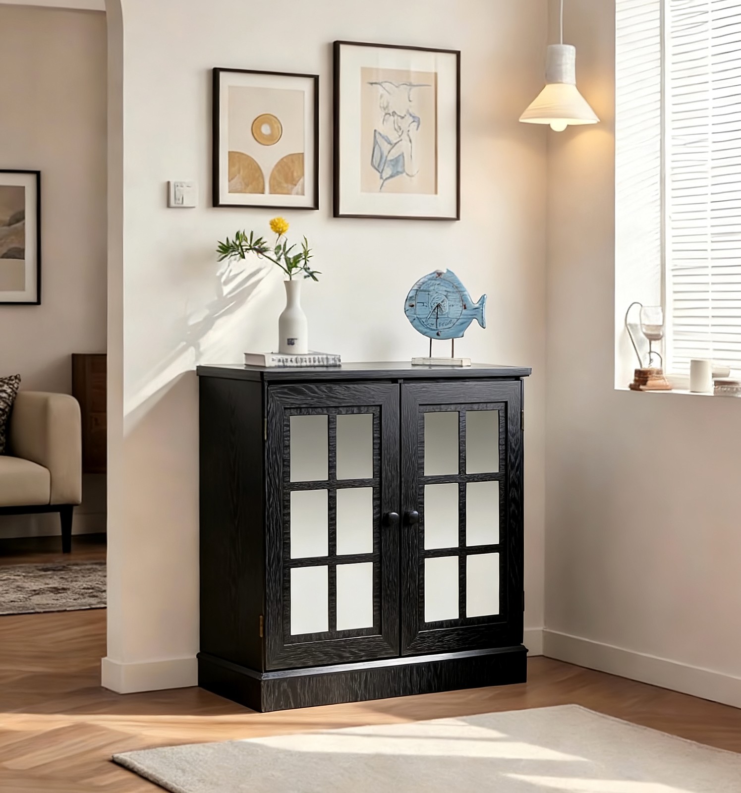 Storage sideboard cabinet with 2 decorative acrylic mirrored doors, adjustable