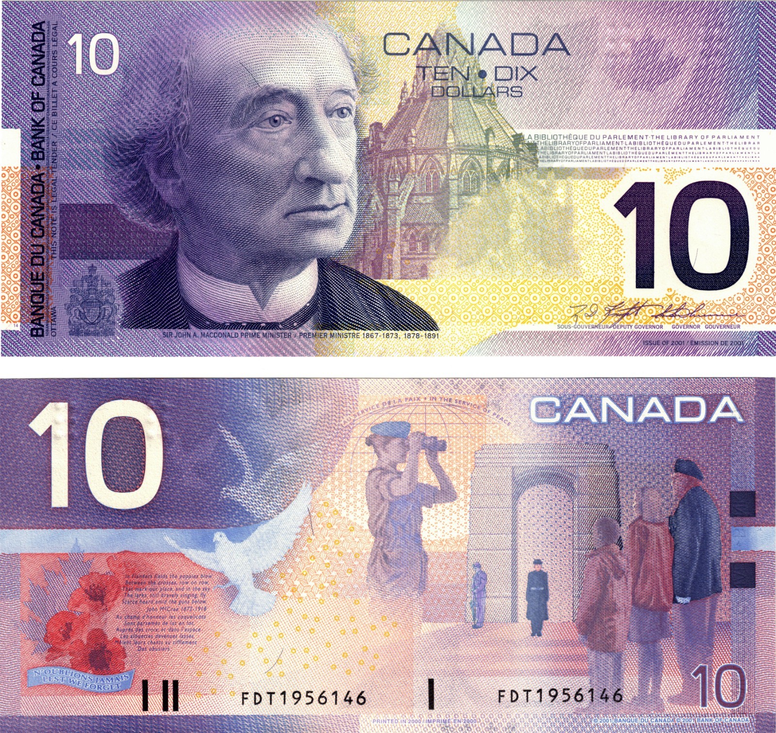 2001 Canada Bc-63a P102 10 Dollar Banknote UNC Knight & Thiessen