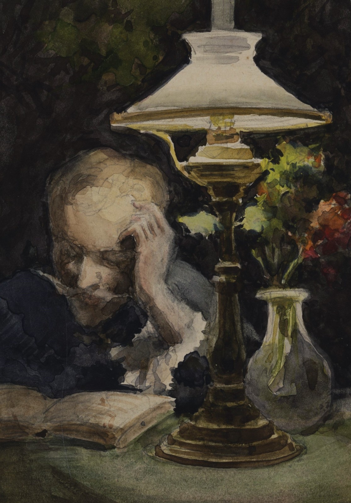 Unknown Reader With Lamp Impressionism Original Watercolour Unsigned 1896