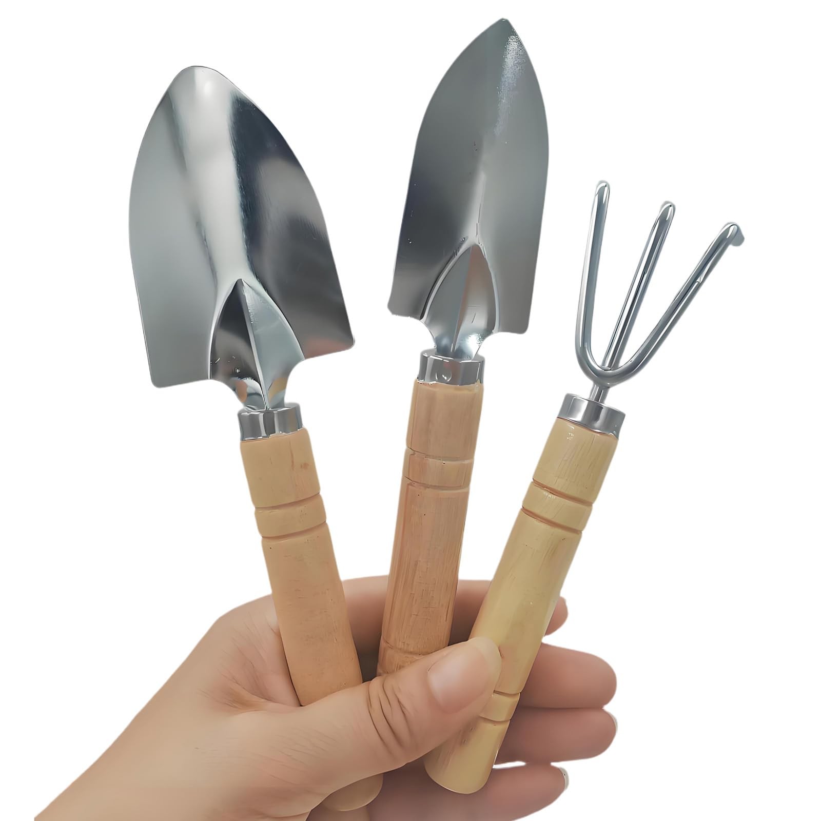 3 Pcs Mini Garden Tools Set Small Tiny Shovel Trowel and Hand Rake Silver